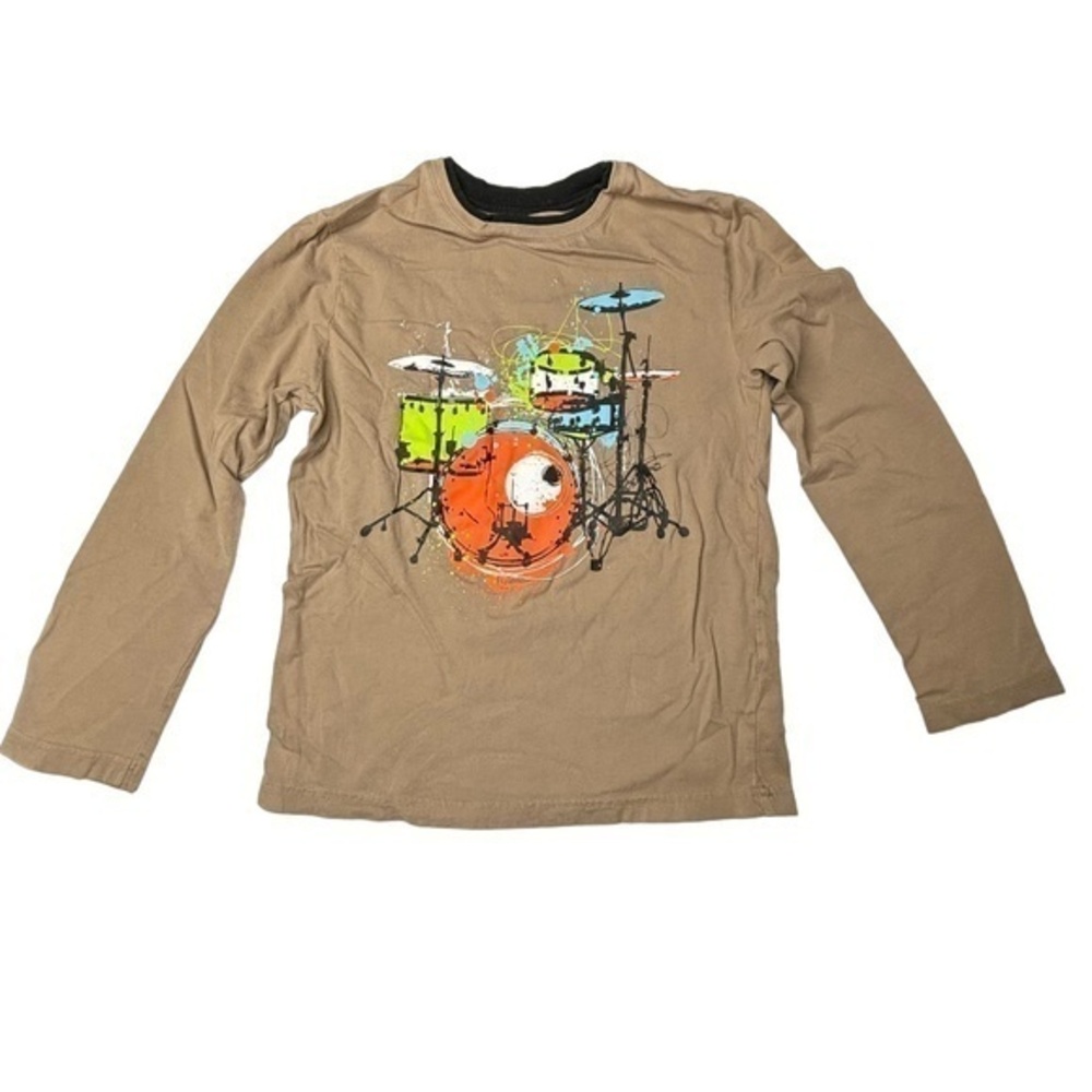 Circo Boys Top Size M 8‎ 10 Tan Brown Drum Set Graphic Long Sleeve Top
